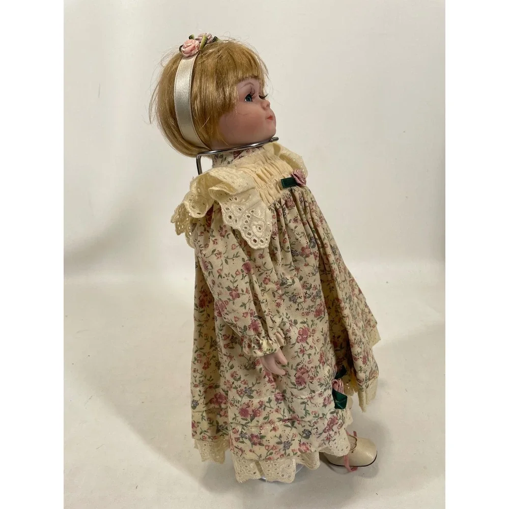 Decor & More Porcelain Doll Blonde Hair Blue Eyes Floral Dress Lace Trim 16 inch